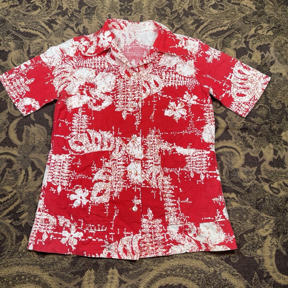 Vtg 70s red white floral barkcloth Sears Hawaiian shirt Womens Size Large